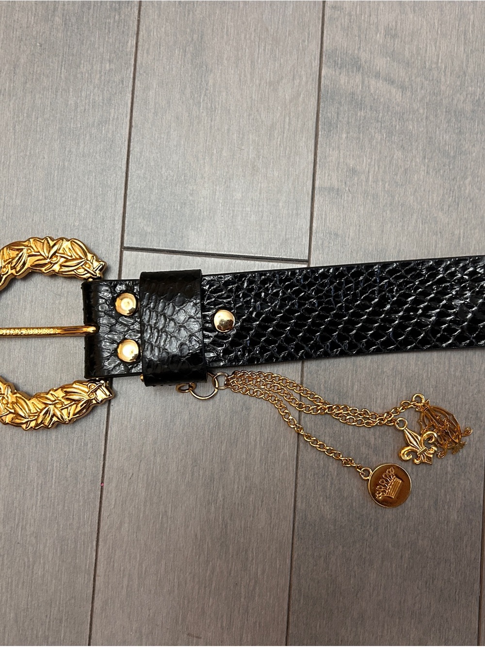Black Textured Leather Waist Belt with Gold Leaf Buckle and Charms